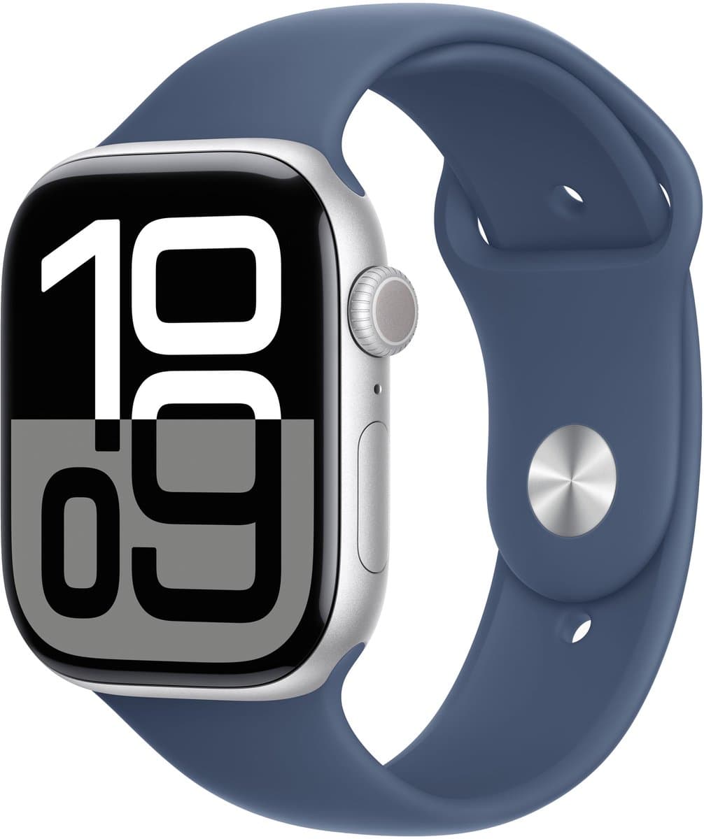 Apple Watch Series 10 - Wifi - 46mm - Zilverkleurig Aluminium Case met Denim Sportbandje - S/M — afbeelding 1