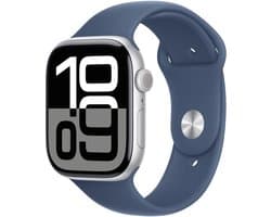 Apple Watch Series 10 - Wifi - 46mm - Zilverkleurig Aluminium Case met Denim Sportbandje - S/M