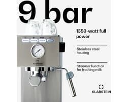Klarstein Pausa Espressomachine, Pistonmachine met 1350 Watt, Espressomachine 7–9 Bar Druk, Piston Koffiemachine met Waterreservoir: 1,4 Liter RVS, Zilver