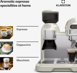 Klarstein Koffiemachine Bella Café Espressomachine met molen – 19 bar, 1550 W, 1,4 liter, geïntegreerde conische molen, melkschuimer, 2 kopjes, thermoblok, crème, roestvrij staal - voor Keuken - LED - Coffee Machine - Koffieautomaat — thumbnail 5
