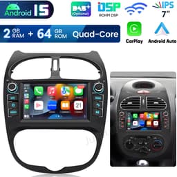Hexinex Quad-Core autoradio Geschikt voor Peugeot 206 (2001-2016) - Draadloos CarPlay, Android Auto, multimediaspeler, Android 15, 2GB+64GB — thumbnail 1
