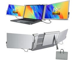 TIM® Professionele Portable Monitor Pro 2024 - Full HD - 13” / 16,5” Tri-Screen - Laptop Scherm Uitbreider - Inclusief Beschermhoes en Kabels - Krachtig - Zilver - 4cm x 34cm x 23cm