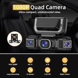 Dashcam - Dashcam voor auto - 4-kanaals dashcam voor - Gratis OBDII-hardwire - 1080P - 24/7 parkeerbewaking, 360° camera met wifi, loopopname, nachtzicht — thumbnail 2