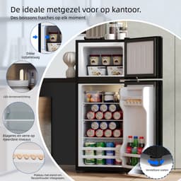 Minikoelkast met vriesvak 92 liter – 2-in-1 – Glazen deur met LED-verlichting – Stil bedrijf 45 dB – Voor keuken, kantoor en studentenkamers – 42,5 x 42,5 x 102 cm — thumbnail 5