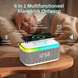carmdering - Radio Wecker - Digitale Wekkerradio -Slimme Wekker - Digitale Klok Slaapkamer - Wekker voor kinderen & volwassenen - 6-in-1 Bluetooth-luidspreker & 15W Draadloos Oplader - Wit Metaal - FM-radio — thumbnail 3