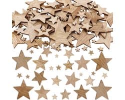 Set van 100 Houten Sterren Versieringen in Diverse Maten (8 mm, 10 mm, 20 mm, 30 mm, 40 mm) voor Creatieve Decoratie en Ambachtelijke Projecten