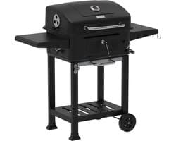 Houtskool Barbecue met Deksel en Wielen – Verrijdbare BBQ Grill – Thermometer – Verstelbare Kolenlade – Zijtafels – 54 x 42,5 cm Grillrooster