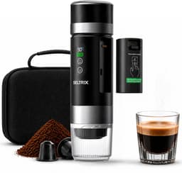 Draagbare koffiemachine - Verwisselbare Accu - 20 Bar - Inclusief Beschermhoes - Espressomaker voor Onderweg - 150 ml - 7500 mAh Oplaadbaar - Draagbaar koffiezetapparaat - Cups & Gemalen Koffie - Camping & Reizen - Espresso & Lungo - Seltrix - Zwart — thumbnail 1