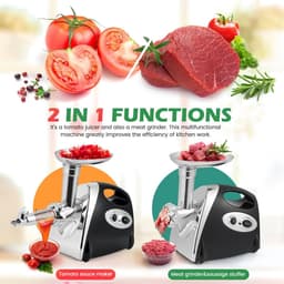 Elektrische Keukenmachine - Vleesmolen Tomatenmaker - Maaltijden Bereiden - 3-in-1 Functionaliteit - 3 Slijpplaten - Zilverkleurig — thumbnail 2