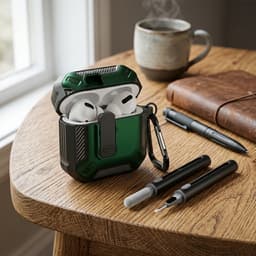 Groen hoesje voor oordopjes met cleaning kit – robuuste shockproof beschermhoes geschikt voor AirPods Pro 2 met clip en carbon look details — thumbnail 3
