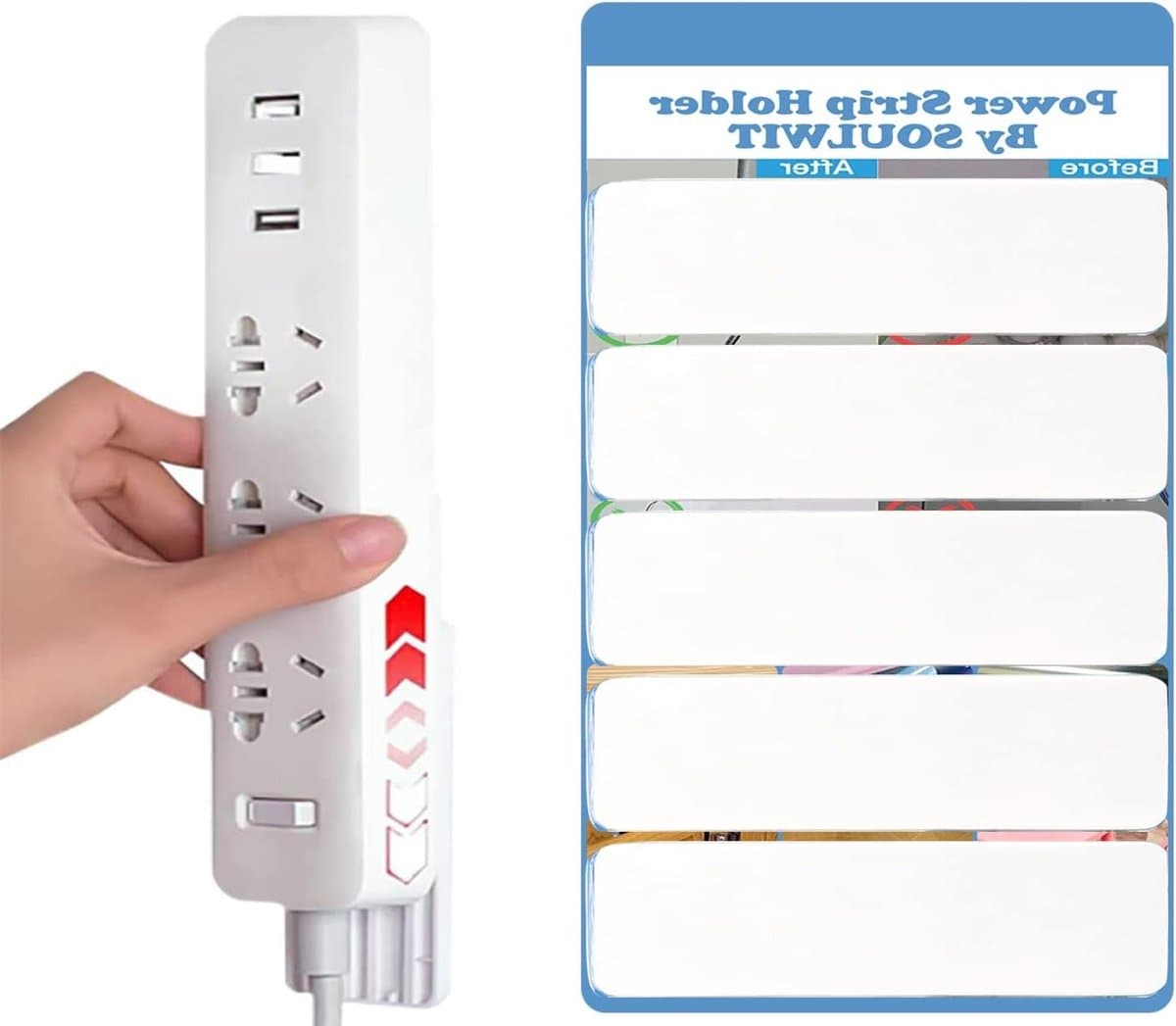 5-pack Zelfklevende Stekkerdoos Houder, Overspanningsbeveiliging, Muurbevestiging voor Kabelbeheer onder Bureau, Ideaal voor Thuis en Kantoor — afbeelding 1