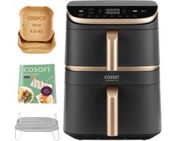 Cosori XXL Airfryer Turbo Tower Pro - met 100 stuks bakpapier - Keramische coating - 10.8 liter inhoud - 2 manden apart in te stellen - 7 programma's