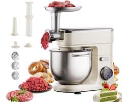 Flolife - Keukenmachine 7 Liter 1200W – Standmixer met DC Motor, Deeghaak, Ballongarde, Klopper en Vleesmolen Accessoire