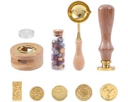 Set van 6 Waskralen met Houten Handvat, Stempel Kit in Cadeaubox voor Kaarten, Enveloppen en Trouwinvitaties