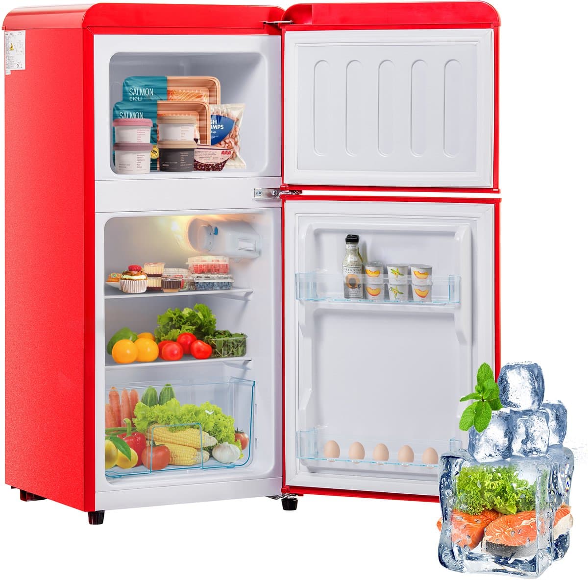 Gutent-Retro koel-vriescombinatie - 60L totaal - 22L vries - 88cm hoog - LED-verlichting - Premium Rood — afbeelding 1