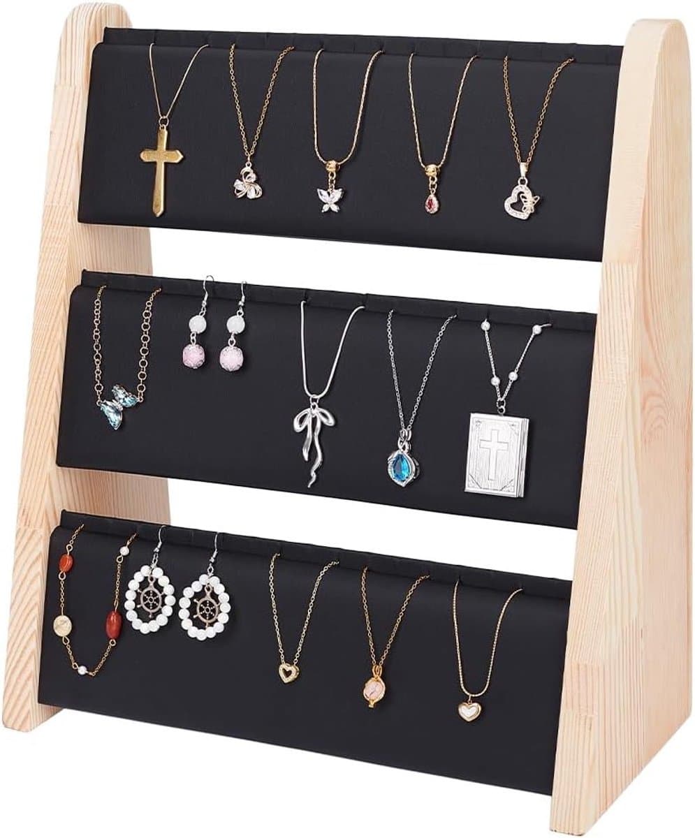 Houten Kettingenhouder met 3 Niveaus voor Sieraden, Organisator en Display voor Woonkamer, Kerstcadeau en Decoratie, 31 x 13.7 x 34cm — afbeelding 1