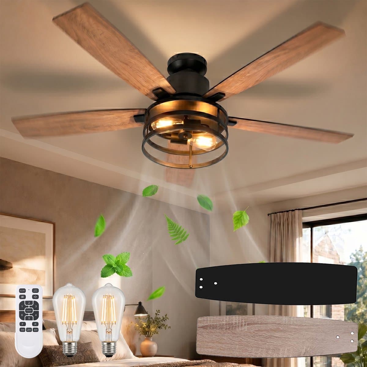 Rosnek Plafondventilator met Verlichting Ø132cm- Smart Lamp met Afstandsbediening - Plafonniere Keuken Lamp met 6 Ventilatiesnelheden - Plafond Ventilator Lamp met Timer, Landelijke Stijl voor Slaapkamer, Woonkamer & Terras — afbeelding 1