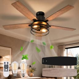 Rosnek Plafondventilator met Verlichting Ø132cm- Smart Lamp met Afstandsbediening - Plafonniere Keuken Lamp met 6 Ventilatiesnelheden - Plafond Ventilator Lamp met Timer, Landelijke Stijl voor Slaapkamer, Woonkamer & Terras — thumbnail 1