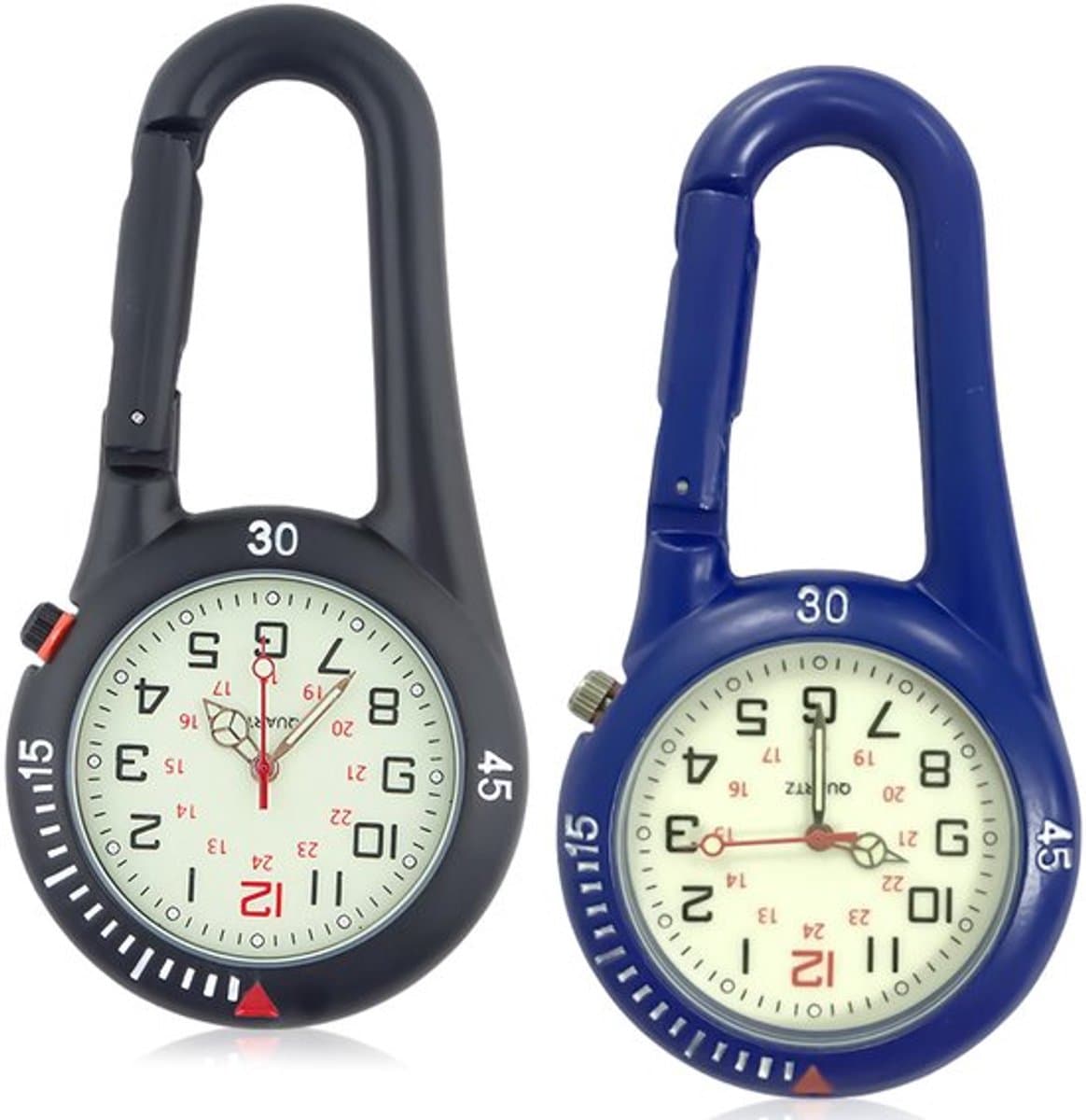 Pakket van 2 karabijnhaakhorloges, zakhorloge met karabijnhaakbevestiging, waterdichte karabijnhaakhorloges, zusterhorloge, lichtgevend analoog quartzhorloge, karabijnhaakhorloge voor fietsers, klimrugzak — afbeelding 1