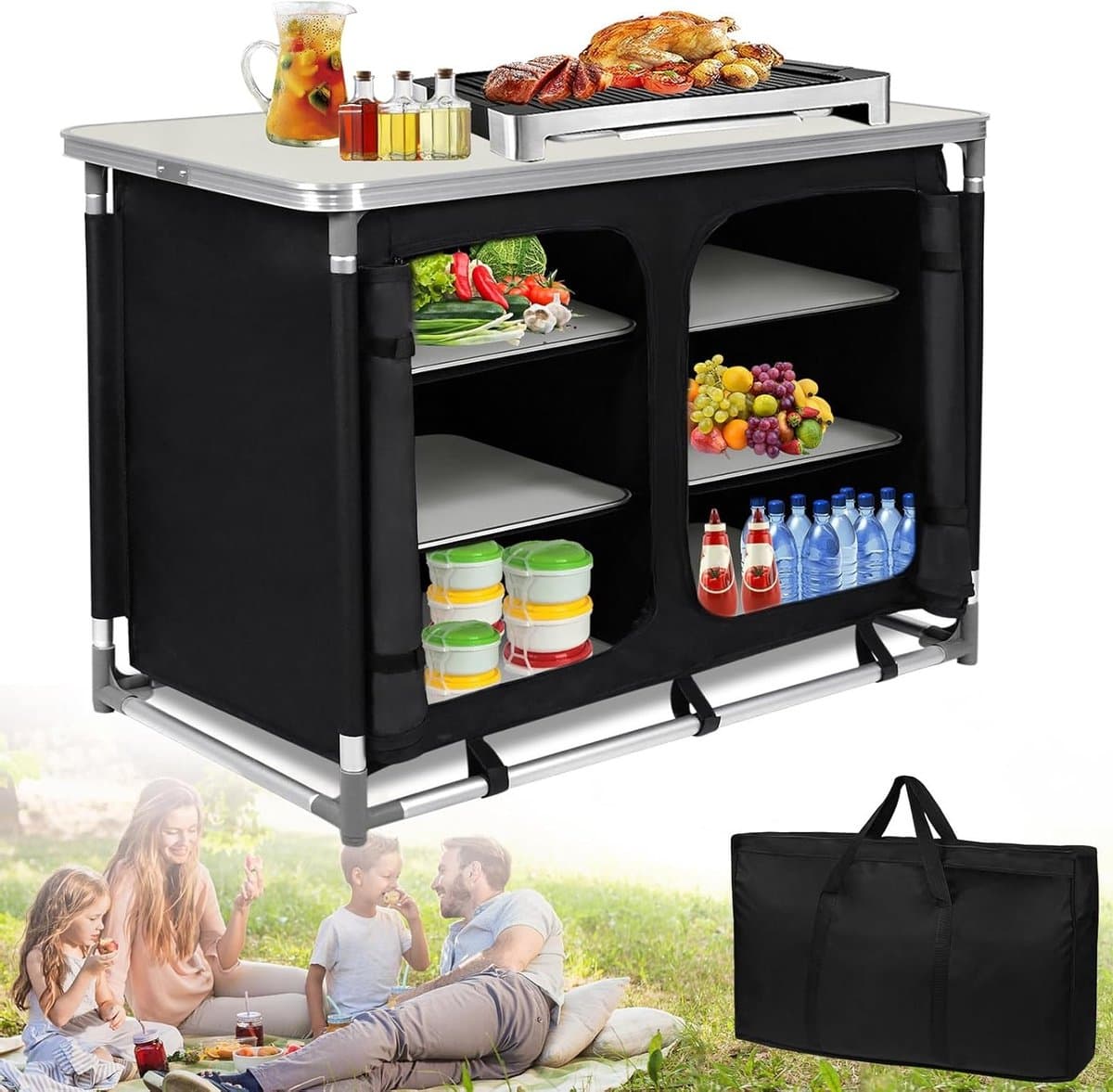 Campingkeuken met 6 Compartimenten, Opvouwbaar Keukenmeubel, Aluminium Frame, Ideaal voor Kamperen, Reiskeuken met Opbergruimte en Draagtas — afbeelding 1