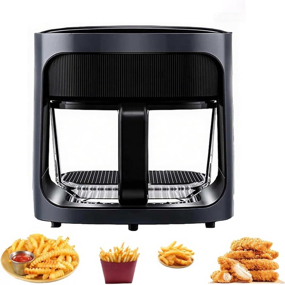 Heteluchtfriteuse - Olievrije Frituurpan - Gezinsmaaltijden Bereiden - Met Glazen Venster - 6 Liter - Zwart — afbeelding 1