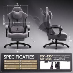 Dowinx Ergonomische Bureaustoel/Gamingstoel – Met Verwarming En Massagefunctie – Met Lendensteun – Breed Zitkussen – Met Armleuningen En Voetsteun – Stof – Zwart,Grijs — thumbnail 5