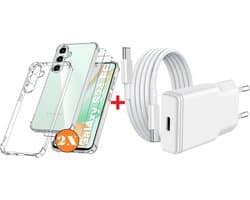 USB C Adapter S24 FE oplader - USB C Snellader 20W Met 1m Kabel - Hoesje Geschikt voor Samsung Galaxy S24 FE hoesje transparant Anti Shock silicone met 2x screenprotector- Ntech COMBI-SET