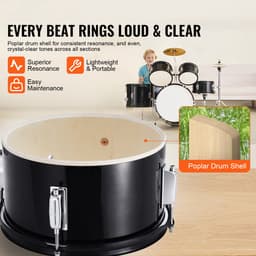 Kinderdrumset, 5-delig, 16-Inch Beginnersdrumstel met Verstelbare Kruk, Bastoms, Snare, Vloertrommel, Cimbalen, Hihatpedaal en Twee Paar Drumstokken — thumbnail 5