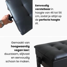 Pianokruk Verstelbaar in Hoogte met Opbergruimte - Piano Stoel - Pianobank - Klassiek Voeten Bankje - Kruk - Zwart - Hout en Vegan Leer - Hoogte 48 tot 58 cm — thumbnail 2