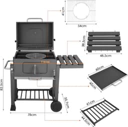 Houtskool grill op wieltjes - Voor 5 tot 10 personen - Houtskoolbarbecues - Briketten - Met deksel - Thuis of camping — thumbnail 5