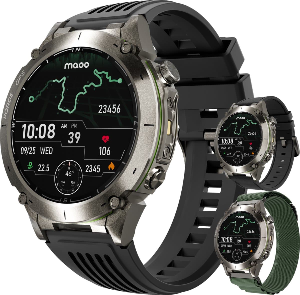 Maoo FORGE - GPS Smartwatch Heren - 1.43" AMOLED Display - 3 Bandjes - GPS (5 satellieten) - Belfunctie - 730mAh Batterij (lange accuduur) - 170+ Sportmodi - Hartslag, Bloeddruk, SpO2, Stappenteller - Kompas, Zaklamp - 1 ATM Waterdicht - Gun Metal — afbeelding 1