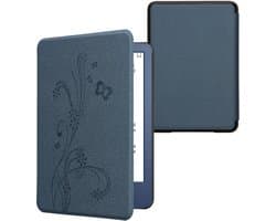 kwmobile e-reader hoesje geschikt voor Amazon Kindle (2022/2024) hoes - E reader flip case met magnetische sluiting - Ereader cover - Stengels en Vlinder design in donkerblauw
