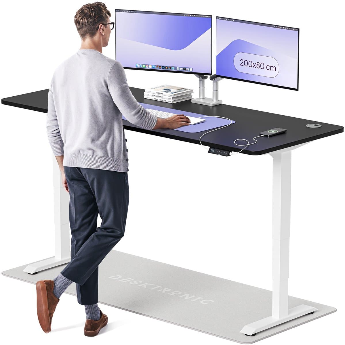 Desktronic HomePro Zit-sta Bureau Elektrisch In Hoogte Verstelbaar, 200x80cm Wit/Zwart, Stille Dubbele Motor, Hoogte 62-126cm — afbeelding 1