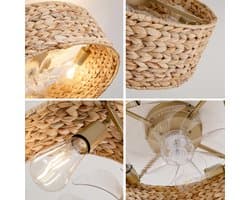 FloraGrace Plafondlamp Met Ventilator – Handgeweven Rattan Design – 50 Cm – Kunststof En Rattan – Koper – Slaapkamer En Kleine Ruimtes – 6 Snelheden