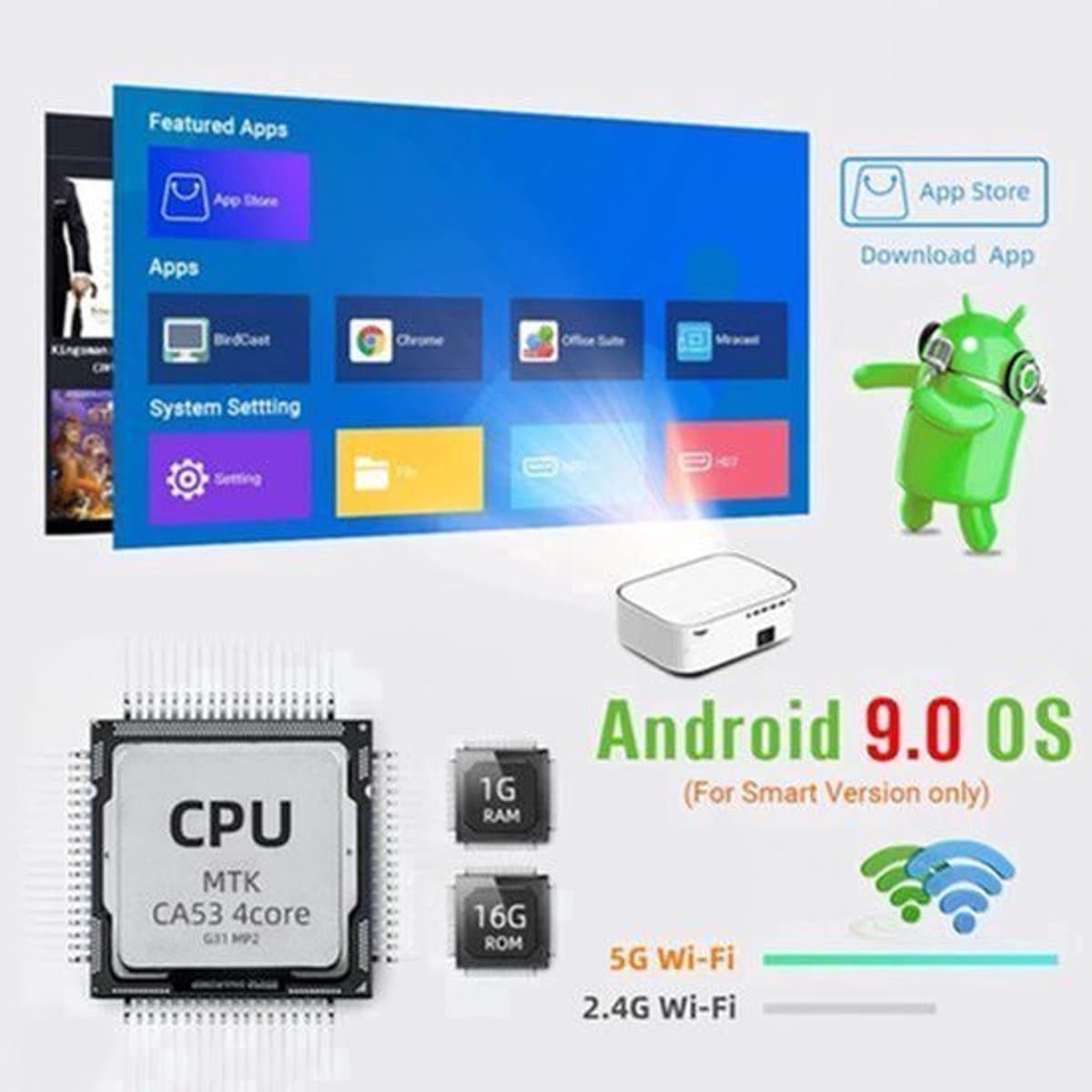 Byintek - K45 - Beamer - Projector Beamer - Mini Meamer - 4k - Full HD 1080P - 1920x1080dpi - Automatische focus - met WiFi - 950ANSI Lumens - Wit — afbeelding 1
