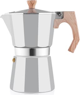Wedrink Moka Stove Espressomachine, 9 kopjes, 6 kopjes, Italiaanse espressomachine, mokka-pot 300 ml - 450 ml, verbrandingsbestendig houten handvat (6 kopjes, zilver) — thumbnail 1