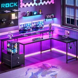 Gaming Bureau met LED Verlichting - 166L x 93H x 100B cm - L-Vormig Hoekbureau met Stopcontact - Met USB en Type-C-poort - 2 Non Woven Lade - Met IJzeren Haak - Gaming Desk - Gaming Computer Tafel met Monitorstandaard - Zwart — thumbnail 5