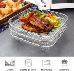 Air Fryer Rack, 3 stuks airfryer-accessoires, 3-laags stapelbaar luchtfriteuse-rek, accessoires heteluchtfriteuse, voor oven, airfryer-accessoires, vierkant, roestvrij staal, grillrooster voor grillen — thumbnail 3