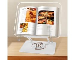 Acryl boekenstandaard-voor lezen, boekhouder, in hoogte verstelbaar, opvouwbare kookboekstandaard met 360° draaibare basis en paginaclips, voor muziekpartituren, tijdschriften, boeken, laptop