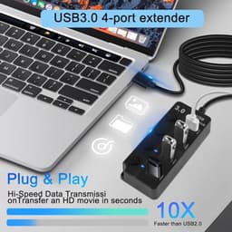 USB 3.0 4-poorts Expander Hub met LED-schakelaars - Draagbare USB-poortextender voor PC en Apparaten — thumbnail 2