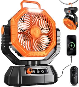 Campingventilator met LED-lantaarn - Oplaadbare 20.000 mAh Ventilator met Afstandsbediening en Haak - 270 Graden Draaibaar en Instelbare Snelheid voor Binnen en Buiten — thumbnail 2
