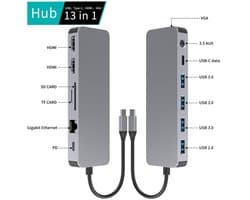 13-in-1 Type C Dockingstation Dubbele HDMI, USB C Hub 2 HDMI, 4 USB, PD, Gigabit Ethernet, SD, TF-kaart, USB-C, VGA-poort, AUX-poort