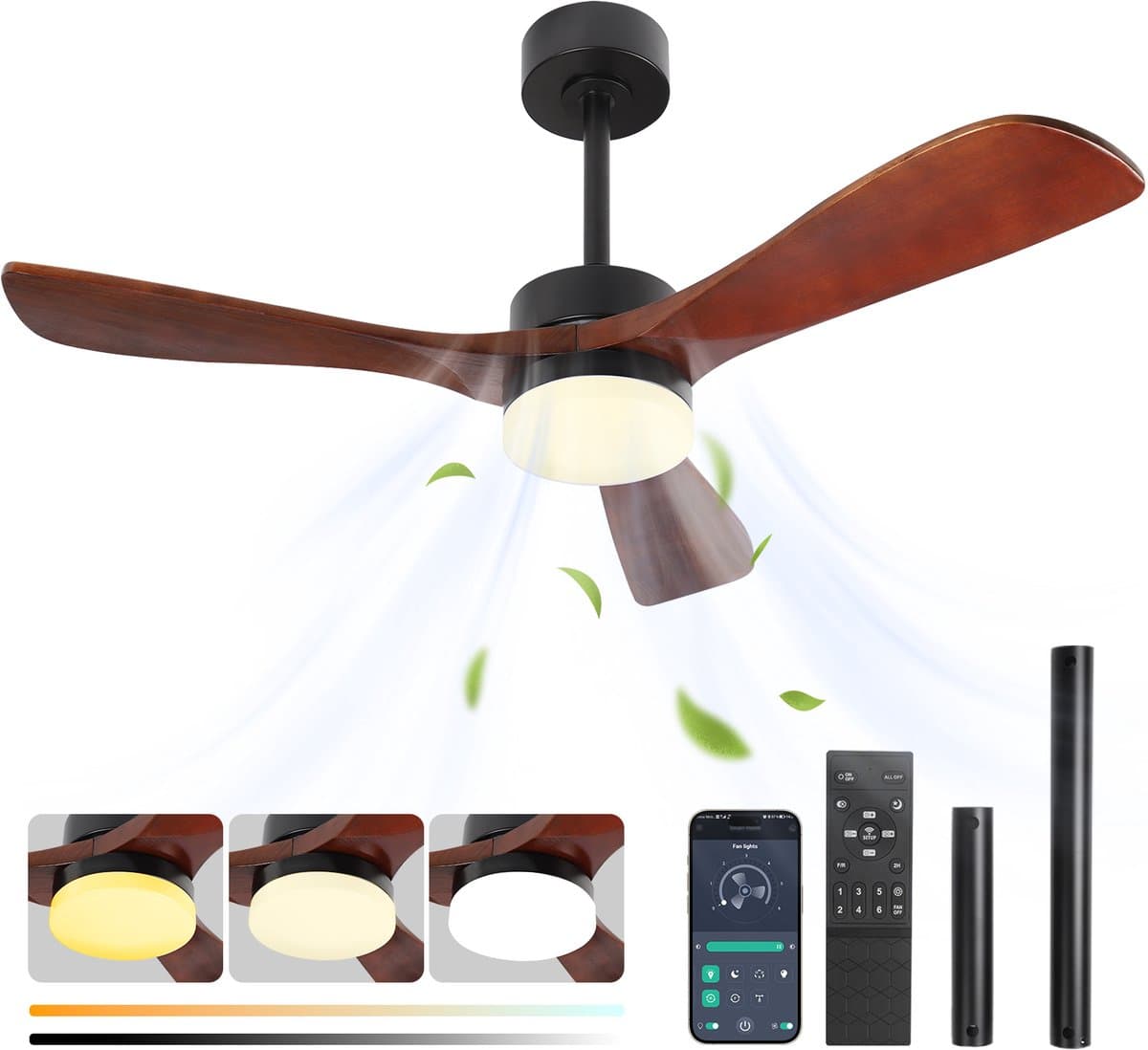Rosnek Plafondventilator met Verlichting - Ø 106cm - Massief Houten Bladen - Stille DC Motor - App & Afstandsbediening - Dimbare LED - Zomer en Winterstand - Slaapkamer/Woonkamer — afbeelding 1