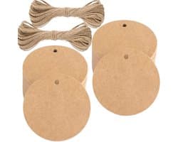 100 Stuks Bruine Cadeaupendants, Ronde Labels van Kraftpapier met Jute Touw, Lege Hangers voor Kunst en Ambacht Projecten, DIY Decoratie en Etiketten