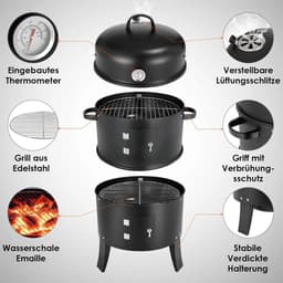 SMH LINE® Rookoven - Chef Smoker - BBQ Grill - 3in1 Multifunctionele barbecue - Ø40xH85cm - Rook /Grilloven - Incl. Thermometer - Zwart — thumbnail 2
