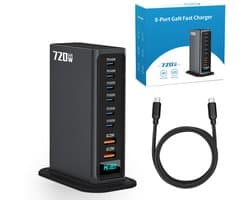 720W 8-poorts USB-oplaadtoren - Laadstation - Snellader 140W - Oplader - 2x USB-C PD Fast Charge 140W - 4x USB-C PD Fast Charge 100W - 2x USB-A Quick Charge 20W - GaN Technologie - Inclusief USB-C 100W oplaadkabel - Zwart
