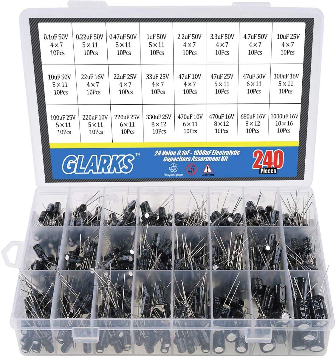 Electrolyte Capacitors - Metalen Capacitoren - 10 V - 16 V - 25 V - 50 V - Assorted Assortiment - Label Capacitor Range 0.1 uF - 1000 uF - 240 Stukken — afbeelding 1