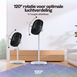 Dynter Staande Ventilator – Statiefventilator - Roterende ventilator – In hoogte verstelbaar & opvouwbaar (80 tot 125 cm) – Draaibare kop - Krachtig en geruisloos - Wit/Zwart – Diameter: Ø46.5 cm (AV25G) — thumbnail 5