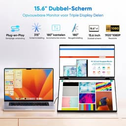 Draagbare Monitor - Folding Dual Display 15.6 Inch - Full HD 1080P - Dubbel Scherm voor Laptop & PC - Ingebouwde Stand & VESA - IPS 60Hz - USB-C & HDMI - Productivity Monitor — thumbnail 4