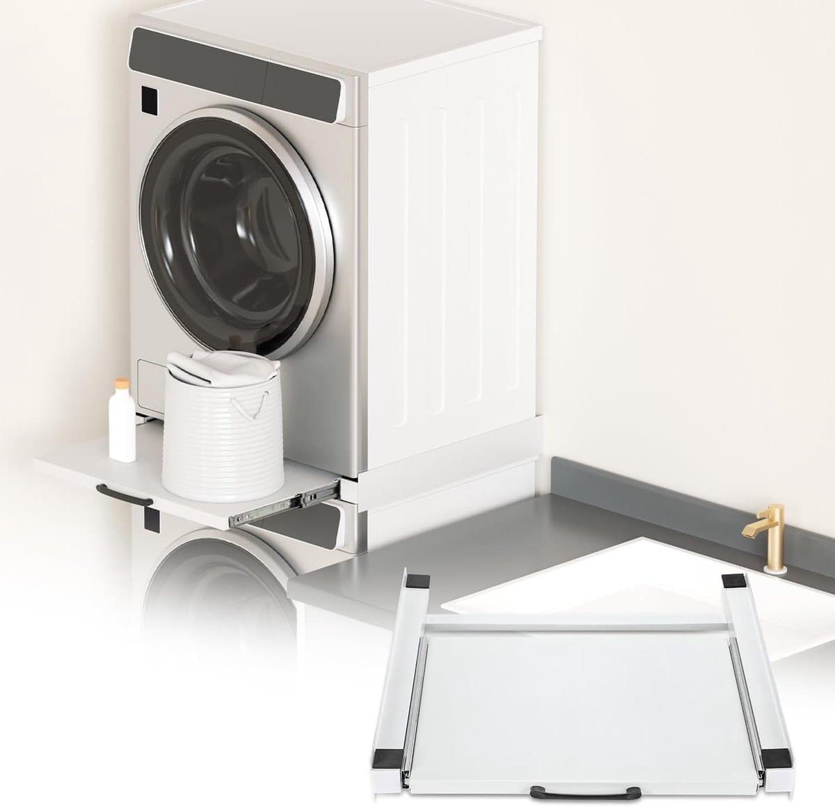Tussenbouwframe Droger Wasmachine - Verbindingsframe Wasmachine Droger - Ruimte Besparen - Met Plank - 60 x 60 cm - Wit — afbeelding 1